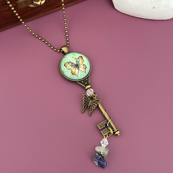 Handmade Butterfly Glass Cabochon Skeleton Key Pendant Necklace - Picture 10 of 13